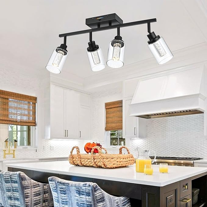 MELUCEE LED Track Lighting Fixtures Ceiling 4-Light Black Semi Flush Mount Ceiling Light Bathroom Wall Light with Flexibly Rotatable Light Heads, Built-in LED Chips, 5-Color Temperature Adjustable