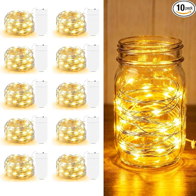 10 Pack Fairy Lights Battery Operated - 7ft 20 LED Twinkle Lights Copper Wire Mini String Lights Firefly Lights for Mason Jars DIY Crafts Christmas Wedding Party Centerpiece Table Decor, Warm White