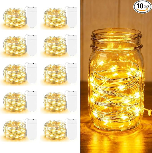 10 Pack Fairy Lights Battery Operated - 7ft 20 LED Twinkle Lights Copper Wire Mini String Lights Firefly Lights for Mason Jars DIY Crafts Christmas Wedding Party Centerpiece Table Decor, Warm White