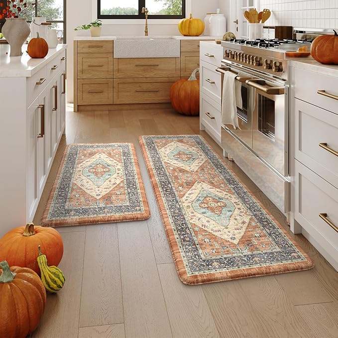 KIMODE Anti Fatigue Kitchen Mat for Floor, Boho Orange Kitchen Rugs Sets of 2, Cushioned Kitchen Floor Mats, Fall Kitchen Rugs Non Slip for Halloween Sink Laundry Desk Home 17"x47"+17"x29"