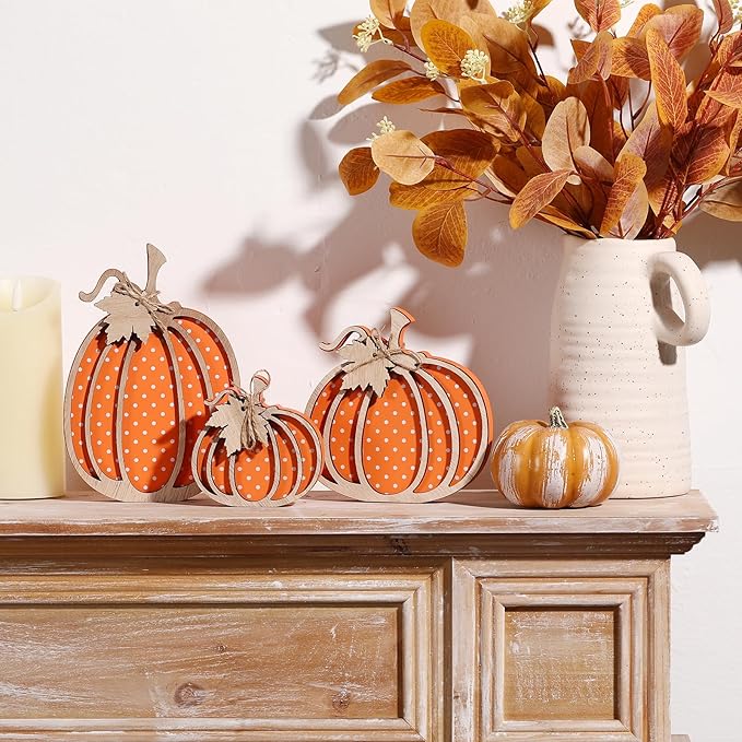 Fall Decor- 3pcs Wooden Pumpkin Decorations for Autumn Thanksgiving Home Table Shelf Mantel Fireplace Party Decor