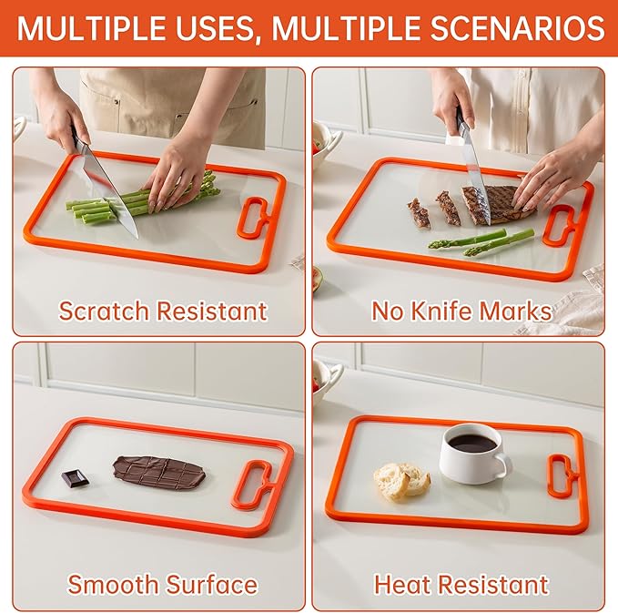 Glass Cutting Board for Kitchen, 2Pcs Tempered Glass Chopping Board with Non-Slip Edges, Dishwasher Safe Clear Cutting Board Set for Countertop, Heat & Shatter Resistant, 15"×11" (Orange)