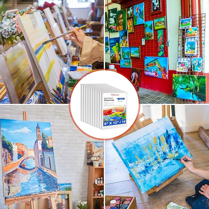 Stretched Canvas for Painting - 9x12 Inch/10 Canvas Value Pack - Triple Primer Acid Free 100% Cotton Blank Canvas for Painting Supplies Oil and Acrylic Pouring Art Watercolor