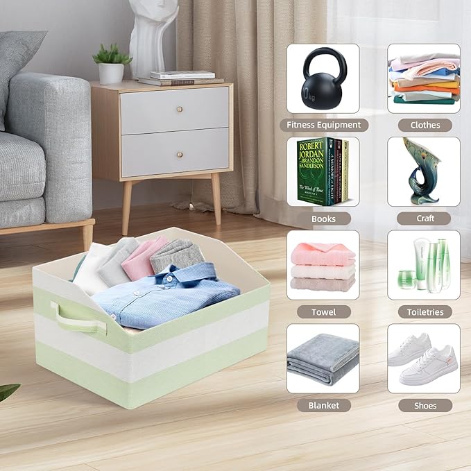 Linen Closet Organizers and Storage, Trapezoid Fabric Bins, Home Office Organization Baskets Striped Collapsible Box with Handles for Clothes, Blanket, Books, DVD, 4 Pack, Green/White