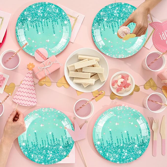 50PCS Green Glitter Paper Plates 7inch Sage Green Diamond Birthday Dessert Plate for Cake Salad Pizza Disposable plates Supplies for Girls Women Mermaid Anniversary Birthday Wedding Theme Party