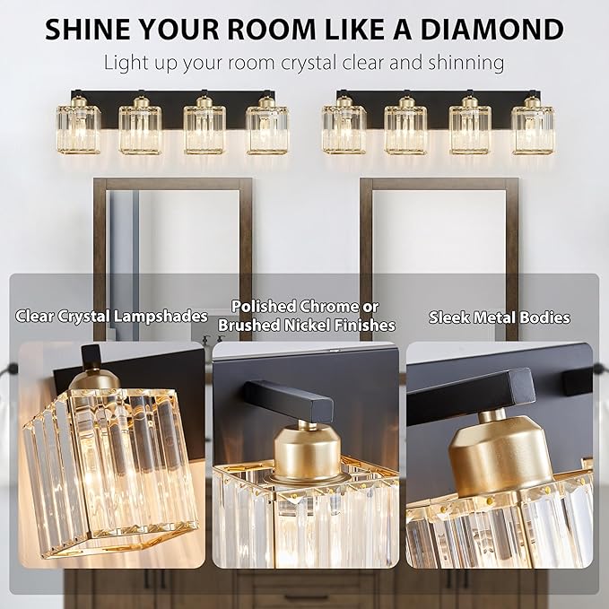 Bathroom Vanity Light Fixtures Over Mirror - Makeup Lighting Black Gold - for Modern Wall, Bath, Desk, Farmhouse, Hallway 4 Crystal Lights