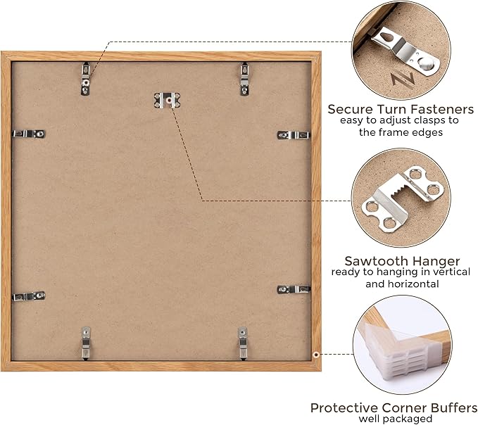 12x12 Picture Frame Set of 2, Oak Wood 12 x 12 Photo Frames for Wall, Square 12 by 12 Wood Frames with Real Glass, 12x12 Frame Matted to 8x8, 12 x 12 Wall Gallery Frame Set