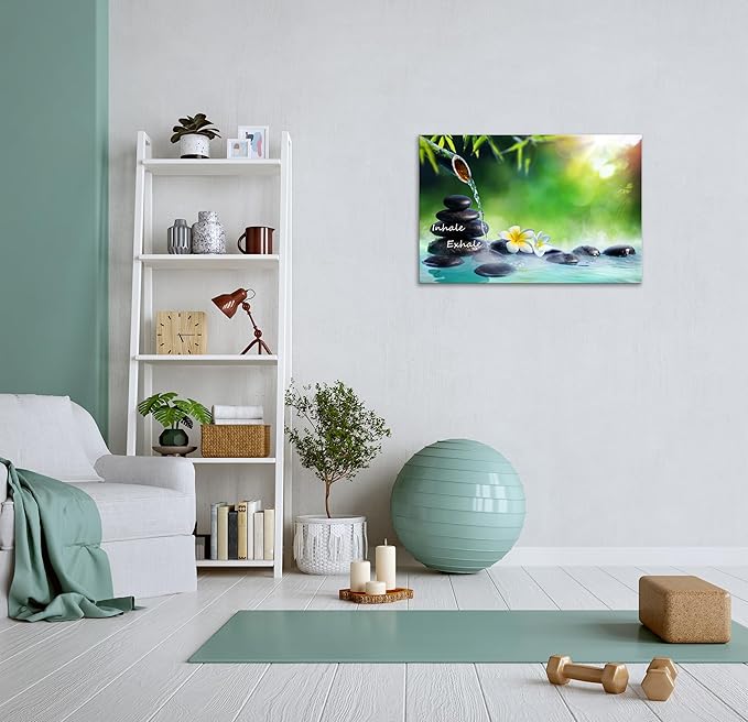 YIOZHAOFH Spa Canvas Print Art Nature Zen Painting Relaxing Bathroom Wall Art Decor White Lotus Pictures Framed Artwork Inhale Exhale Poster Office Decor for Spa Room Bedroom(16L x 24W)