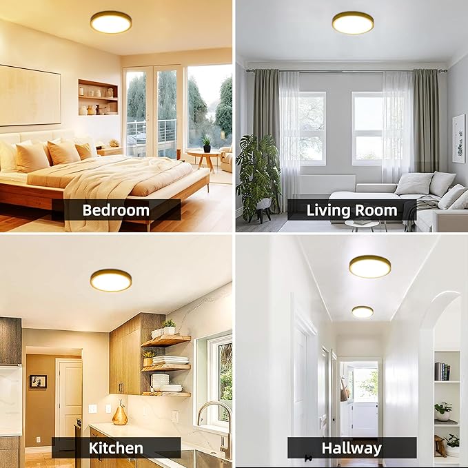 hykolity 12 Inch Selectable CCT LED Round Flat Panel Light, 24W 3000K/4000K/5000K, Edge-Lit Flush Mount Ceiling Light Fixture for Kitchen, Bedroom, Laundry and Closet Room,Gold