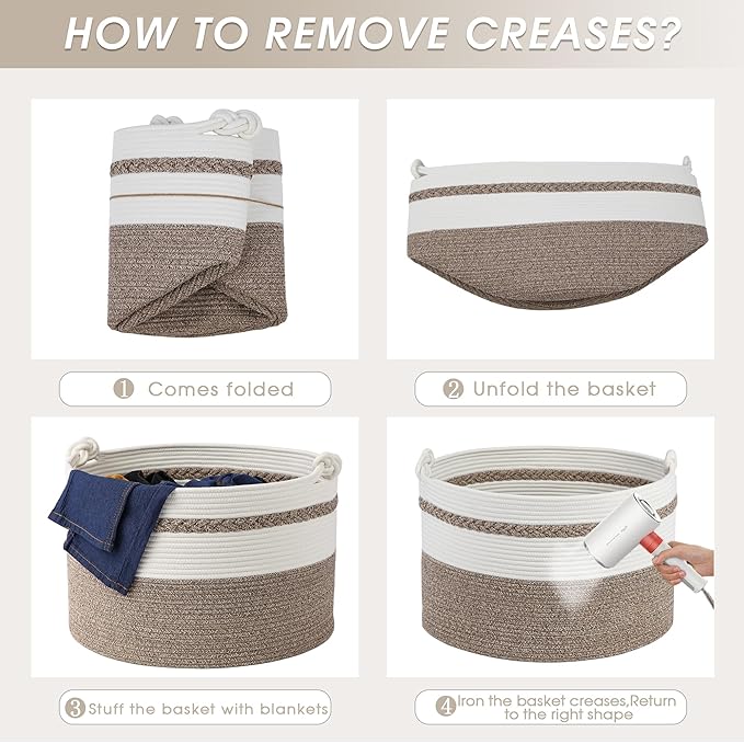 Large Blanket Basket,20''x13'' Storage Basket for Living Room;Toy storage for Organizing,Baby Hamper,Kids Organizer,Woven rope basket;Nursery Storage Bin,White+Dark Brown