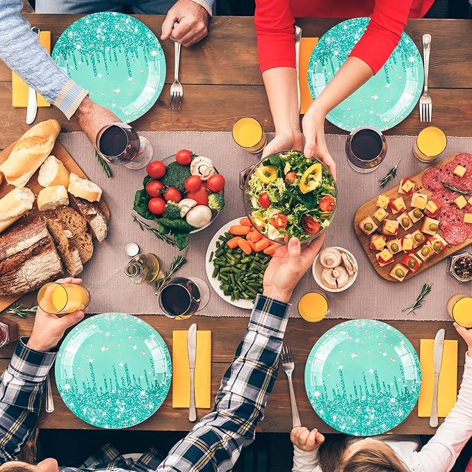 50PCS Green Glitter Paper Plates 7inch Sage Green Diamond Birthday Dessert Plate for Cake Salad Pizza Disposable plates Supplies for Girls Women Mermaid Anniversary Birthday Wedding Theme Party