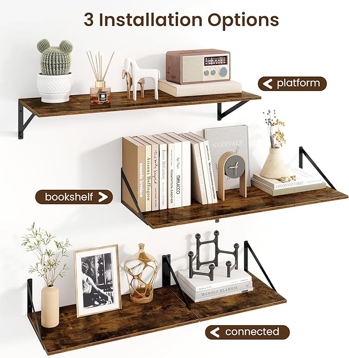 Fun Memories Floating Shelves for Wall, 12 Inch Deep Floating Shelves Set of 2, 24W x 12D Large Wall Shelf with Sturdy Metal Brackets for Living Room, Bathroom, Bedroom and Kitchen, Rustic Brown