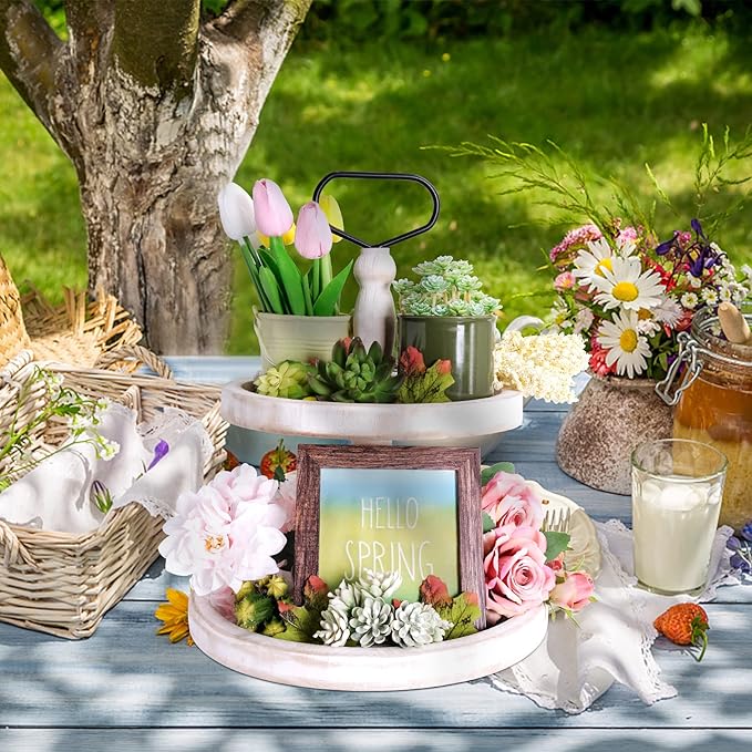 Mustry Rustic Wooden 2 Tiered Tray, Round Farmhouse Kitchen Table Decor Serving Tier Tray, Food Fruits Cupcake Display Coffee Bar Home Party Seasonal Decorations (White)