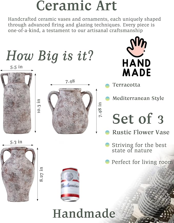 Ceramic Vase Set of 3, Handmade Rustic Farmhouse Vases with Handles, Glazed Interior, Aged Terracotta Finish, Boho Home Decor for Table, Shelf, Mantel, Flower Arrangement