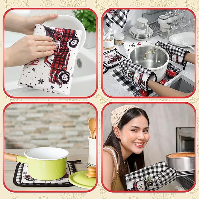 10 Pcs Christmas Kitchen Decor Sets, 4 Xmas Kitchen Dish Towels 2 Pot Holders 2 Oven Mitts Glove Buffalo Plaid Non Slip Rugs and Mats for Floor Home Christmas Decorations Accessories Gifts