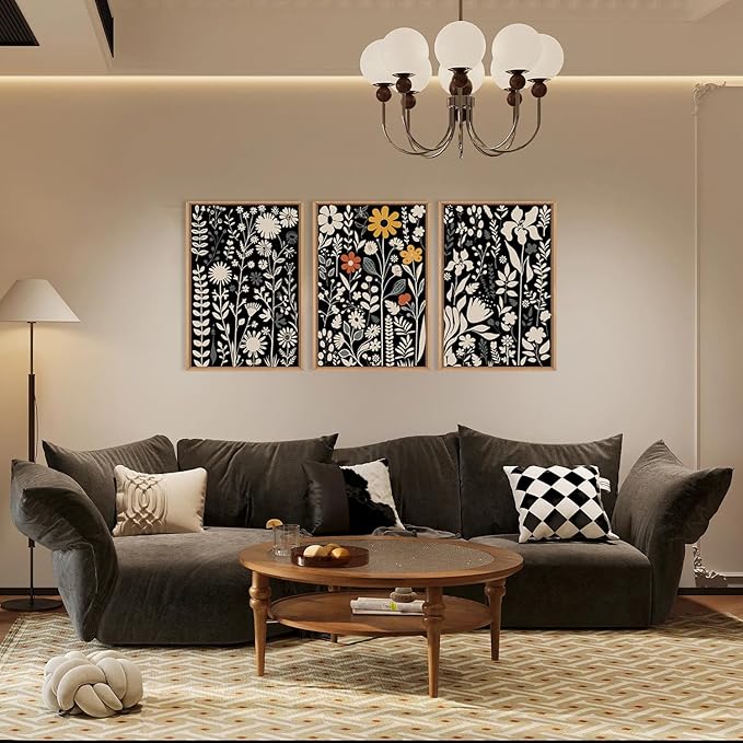 HOURIA Large Moody Boho Floral Framed Canvas Wall Art Set,Mid Century Black Flower Leaf Wall Decor,Retro Dark Wildflower Artwork,Minimalist Botanical Art Print for Living Room,Bedroom,Office-16"x24"x3