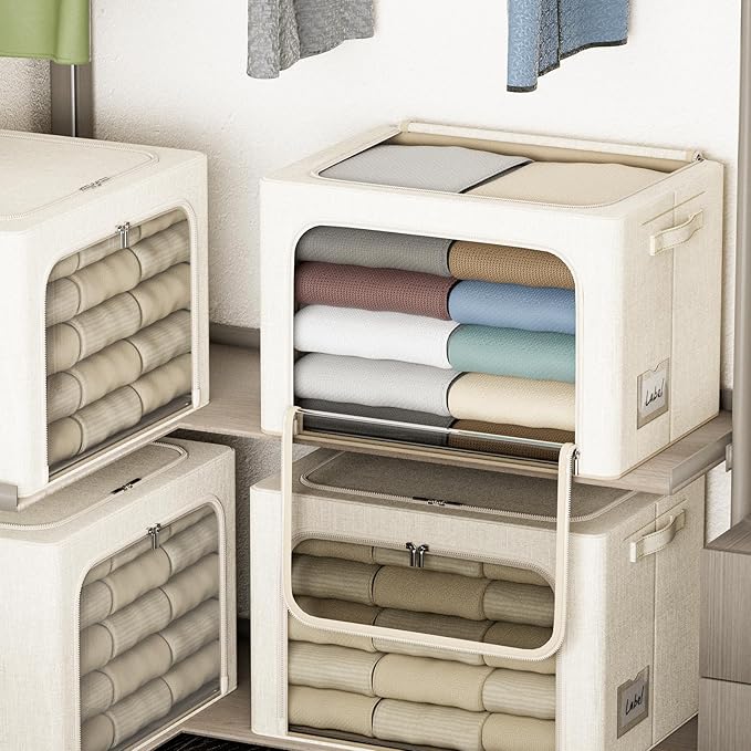 4 Pack Clothes Storage Bins with Metal Frame - 22L Stackable Storage Box with Lid,Foldable Storage Container Organizer for Clothes,Linen Fabric Storage Box with Clear Window&Zippers&Handles