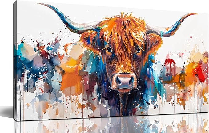 ZHAOSHOP Highland Cow Artwork Wall Decor for Living Room - Colorful Graffiti Wall Art for Office - Modern Wall Decor Teen Bedroom Size 20" x 40"