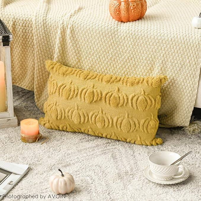 AVOIN colorlife Fall Pumpkin Ginger Throw Pillow Covers, 12 x 20 Inch Seasonal Autumn Thanksgiving Harvest Decoration Soft Plush Faux Fur Jacquard Cushion Case Decoration for Sofa Couch Set of 2