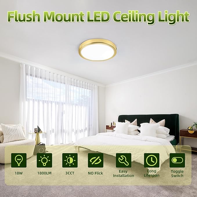 hykolity 2 Pack 9 Inch Selectable CCT LED Round Flat Panel Light, 18W 1800LM 3000K/4000K/5000K, Edge-Lit Flush Mount Ceiling Light Fixture for Kitchen, Bedroom, Laundry and Closet Room,Gold