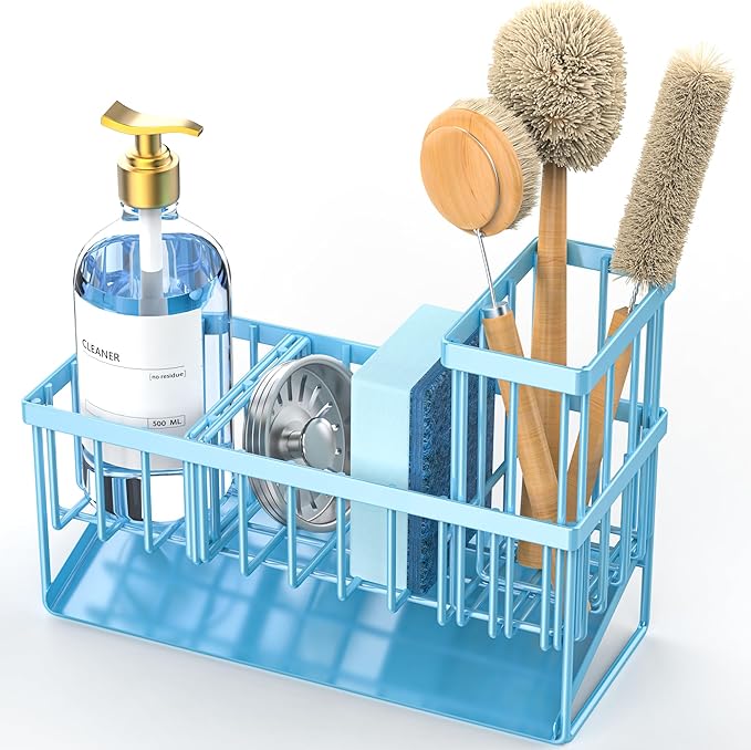 Cisily Blue Kitchen Sink Caddy Organzier with High Brush Holder, Sponge Holder for Sink, 304 Rustproof Stainless, Kitchen Countertop Soap Dispenser Organizer, Home Decor and Accessories