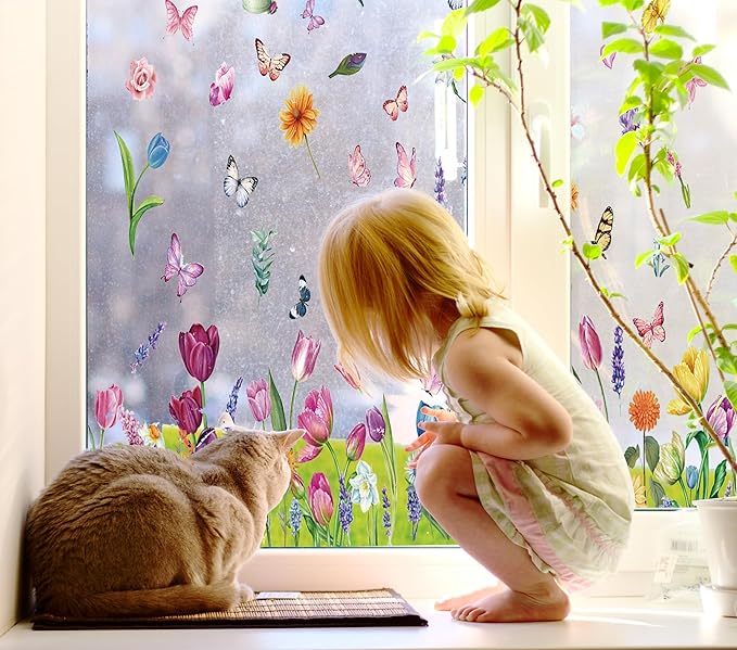 Flower Window Clings for Glass Windows Butterfly, 132pcs Fall Window Clings Summer Easter Spring Winter Decorations, 9 Sheets Floral Window Stickers Decals for Home Office Indoor Clearance