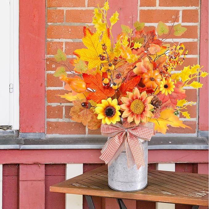 15.7" H Fall Table Decor Centerpiece Rustic Metal Vase with Artificial Pumpkin Pinecone Sunflower Berry Maple Leaf Autumn Harvest Floral Arrangement Decoration for Home Kitchen Autumn Thanksgiving