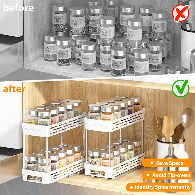 Pull Out Spice Rack Organizer for Cabinet, 2 Pack Slide Out Spice Racks Organizer, Spice Cabinet Organizers, Cabinet Size Need:12'' Highx11'' Deepx5'' Wide,Hold 10 Spice Jar Each Tier-2Tier, White
