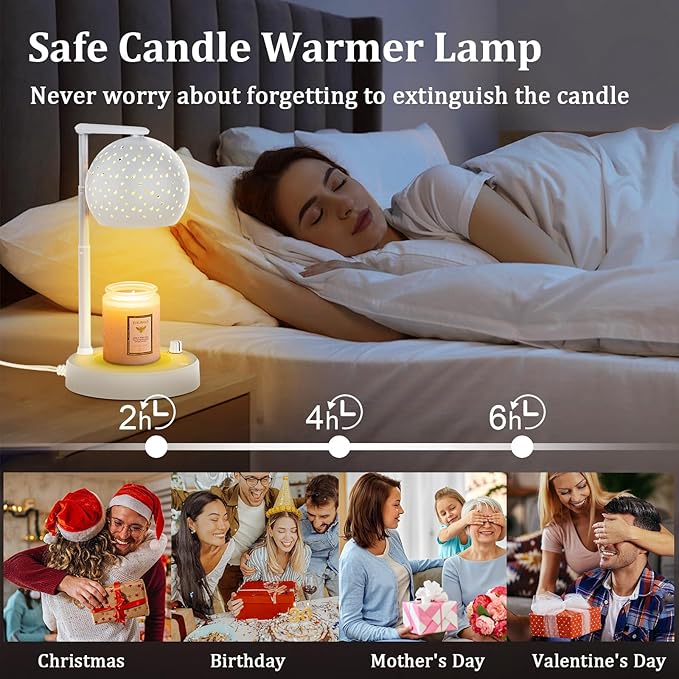 Candle Warmer Lamp with Timer and Dimmer, Gifts for Mom Women, Housewarming New Home Room Decor, Electric Wax Melt with 2 Bulbs, White