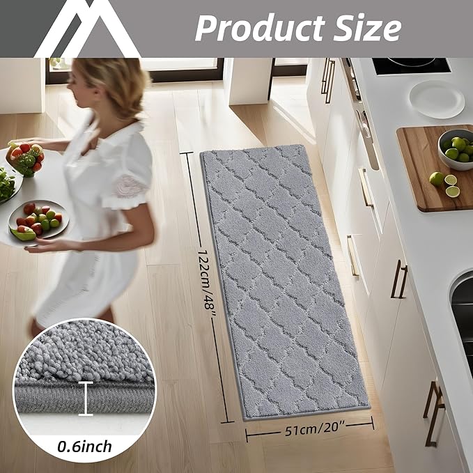 COSY HOMEER-Kitchen-Rugs 20"x48" Non-Slip Absorbent Soft Kitchen Runner Rug Polyester Kitchen Mats for Floor Washable Kitchen Standing Floor Mat for Sink Mat,Hallway,Laundry,Grey