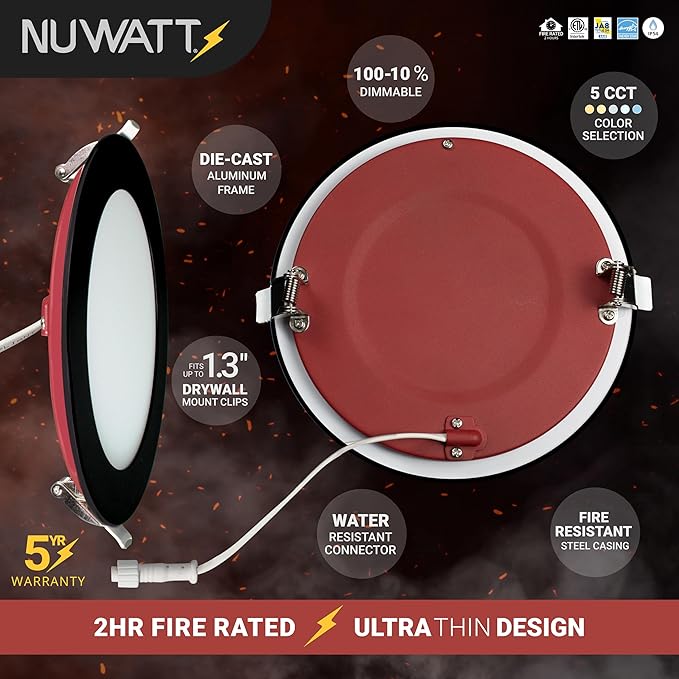 NUWATT 12 Pack, 6 Inch 2 HOUR FIRE RATED LED Recessed Lighting, Selectable 2700K/3000K/3500K/4000K/5000K, 1200 Lumen, Dimmable Wafer Lights, IC Rated, Canless Black LED Ceiling Light, No Tenmat Needed