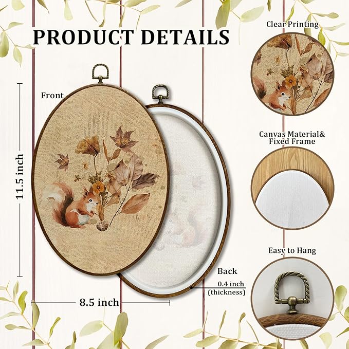 JQF Vintage Fall Squirrel Oval Wall Art, Farmhouse Autumn Floral Squirrel Oval Canvas Wall Art, Retro Rustic Fall Animal Framed Prints Hanging Decor for Home Bedroom Living Room, 8.5x11.5 Inch