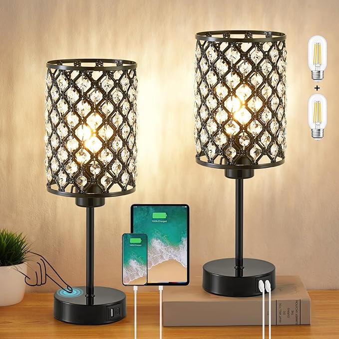 Touch Control Table Lamp, Black Crystal Table Lamps Set of 2 with 2 USB Charging Ports, 3-Way Dimmable Bedside Nightstand Lamps for Living Room, Bedroom, Guest Room, Bulbs Included