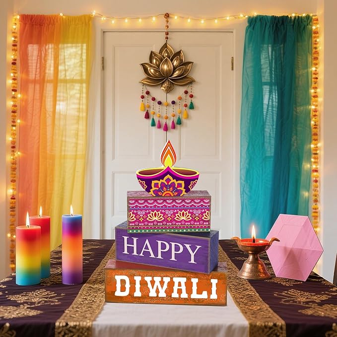 4 Pcs Diwali Wooden Table Decoration Centerpiece Happy Diwali Tiered Tray Decor Warm Wishes Diyas Wooden Design for Traditional Festival Party Deepawali Celebration Supplies