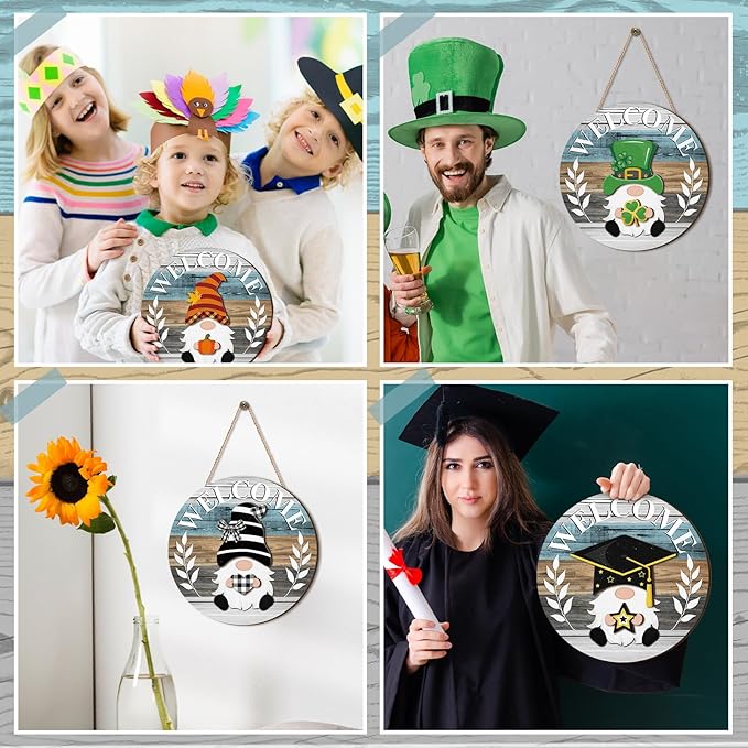 Qunclay Interchangeable Wooden Gnome Decor Holiday Seasonal Gnome Decorations with Magnet Pieces and Detachable Hats Changeable Welcome Sign for Home(Cute Style)