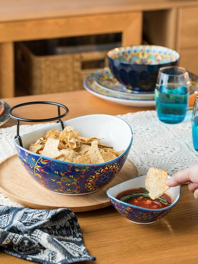 YHOSSEUN Chip and Dip Serving Set, Ceramic Chip Dip Bowls for Parties, 2 Tier Serving Stand Appetizer Serving Dishes for Entertaining Food Display Set