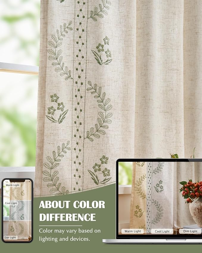 jinchan Belrose Lined Linen Blend Curtains Floral Curtains for Bedroom 84 Inch Length Sage Green Embroidered Drapes Rod Pocket Farmhouse Flower Drapes for Living Room Window Treatments Set 2 Panels