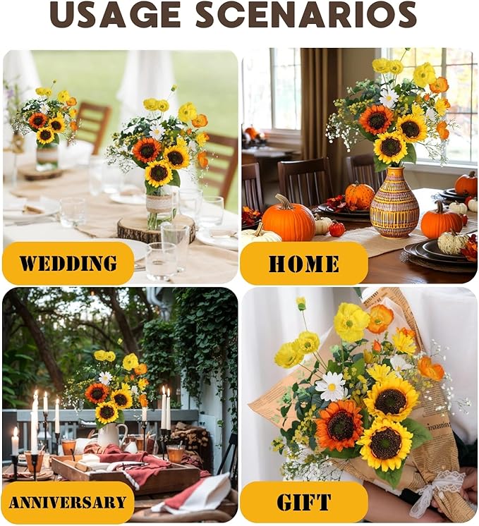 Artificial Sunflowers Bouquet 20" Fake Flower with Faux Silk Sunflower for Spring Summer Wedding Centerpieces Home Decor Party Table Floral Arrangements Cemetery Indoor Outdoor Decorations