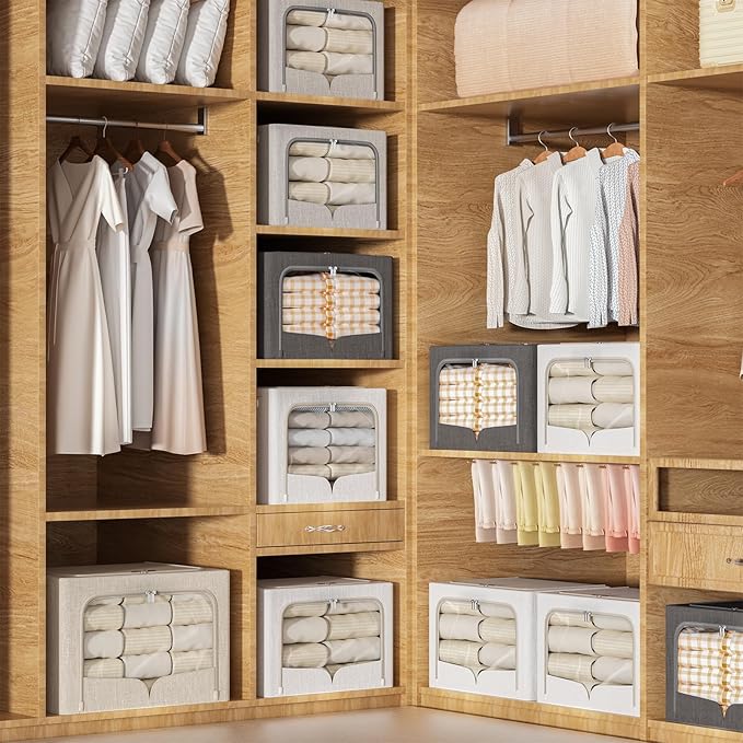 3 Pack Clothes Storage Bins Foldable Metal Frame Storage Box Stackable Linen Fabric Container Organizer Set with Carrying Handles and Clear Window (Cream White, 23.6x16.5x15.7inch(100L))