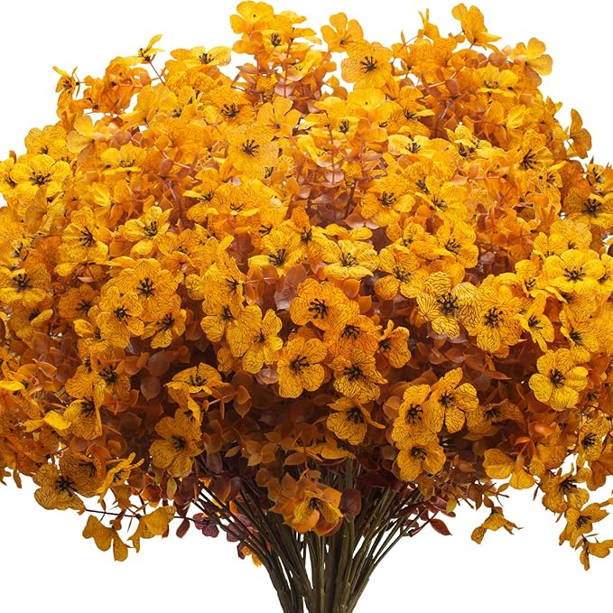16 Bundles Artificial Fall Mums Outdoor UV Resistant, Fake Silk Plants No Fade Faux Greenery for Garden Porch Patio - Autumn Thanksgiving Christmas Home Decor (Fall Yellow)