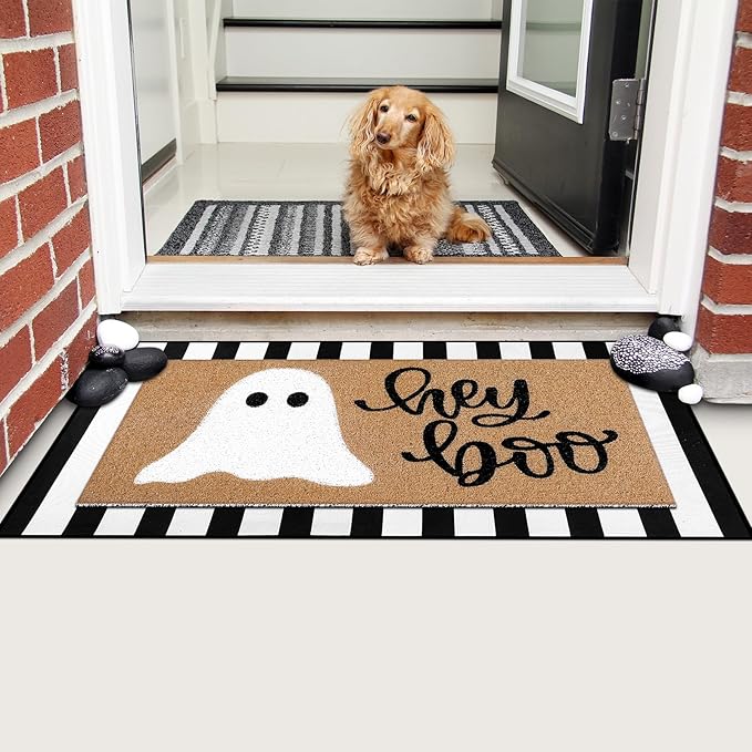 2 Pcs Halloween Doormat Hey Boo Ghost Outdoor Welcome Mats for Front Door Non Slip Ghost Coir Floor Mat Black White Stripe Halloween Rug for Outside Front Porch Entryway Decor