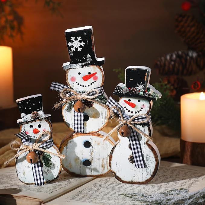 Barydat 3 Pcs Snowman Christmas Decor Winter Table Decorations Snowman Table Centerpieces Winter Rustic Indoor Sign Decor Tiered Tray Block for Xmas Holiday Party Indoor Home Room Decorations