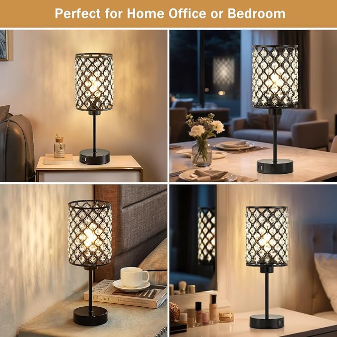 Touch Control Table Lamp, Black Crystal Table Lamps Set of 2 with 2 USB Charging Ports, 3-Way Dimmable Bedside Nightstand Lamps for Living Room, Bedroom, Guest Room, Bulbs Included
