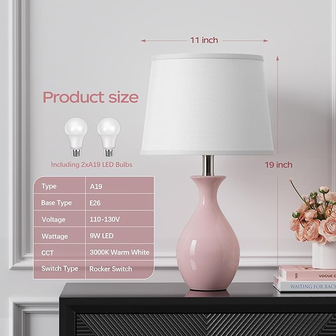 PARTPHONER Table Lamp Set of 2, Modern Ceramic Bedside Lamps for Night Stands, Classic Small Lamp Nightstand Lamp for Bedroom Living Room Desk End Table Rocker Swtich Pink