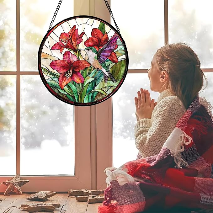 Stained Glass Window Hanging - Hummingbird On Red Lily Flower Sun Catcher for Door Garden Decor Suncatcher Christmas Mother's Day Birthday Gifts for Bird Lovers Women Men Mom Nana 6.3 in
