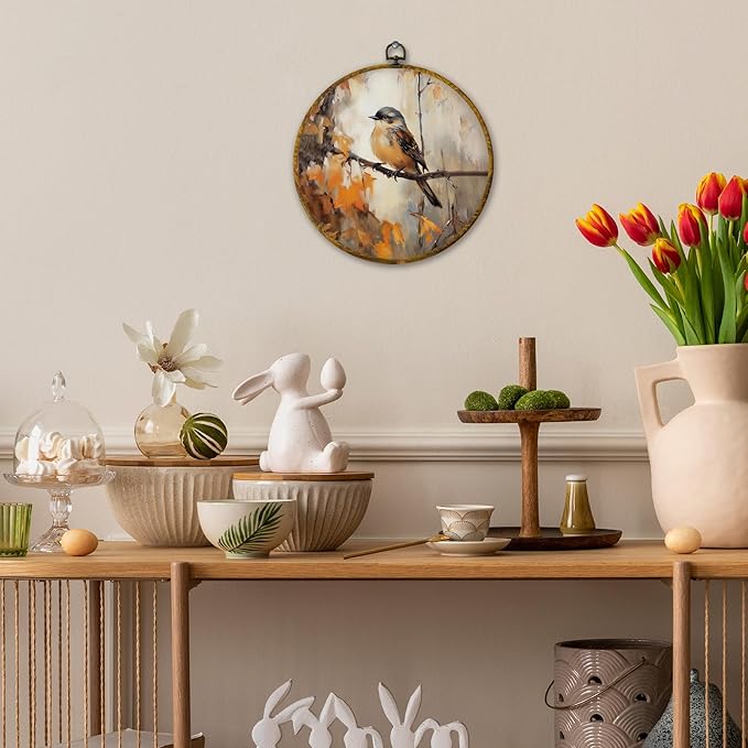 Mcehtle Vintage Fall Bird Wall Art Decor, Rustic Autumn Bird on Branch Framed Canvas Prints 10x10, Retro Thanksgiving Farmhouse Round Wall Hanging Artwork Decorations for Home Bedroom Gallery