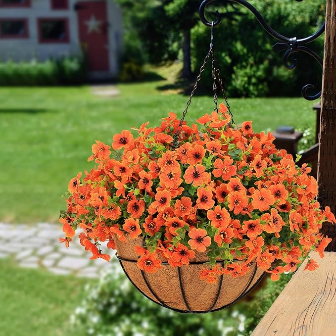 24 Bundles Fall Flowers Artificial for Decoration Outdoors, Fake Plants Autumn, Mums Daisy Eucalyptus Realistic UV Resistant for Garden Patio Porch Home Decor, Orange