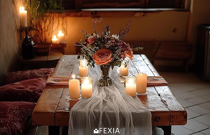 FEXIA White Chiffon Table Runner Sheer Sparkling Chiffon Fabric Bridal Party Romantic Baby Shower Wedding Reception Decorations 29x118 Inches