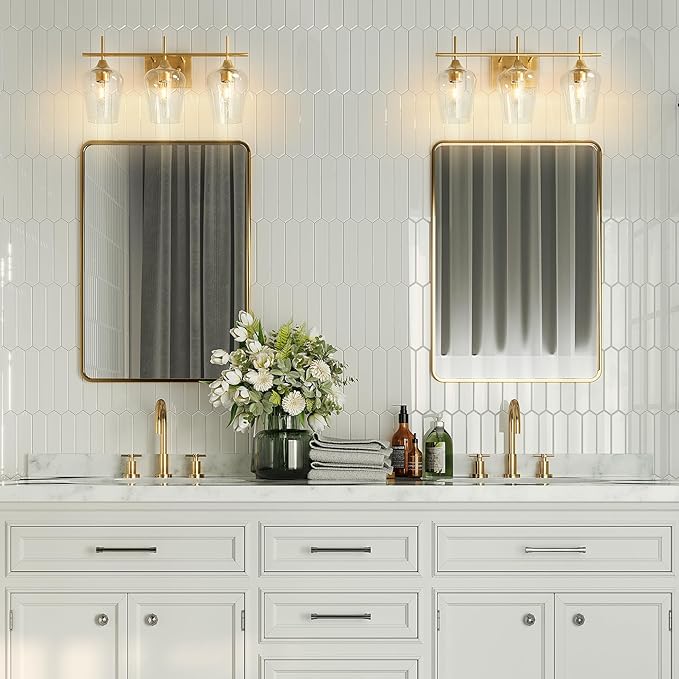 VONLUCE Bathroom Vanity Light, 3 Light Bathroom Light Fixture Over Mirror, Bathroom Wall Lamp with Clear Glass, Modern Gold Vanity Lighting fixtures for Bathroom, Bedroom, Hallway