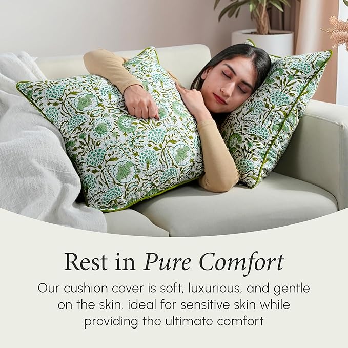 CPC 100% Cotton Throw Pillow Covers 24x24 Inch, Set of 2 Green Block Print Pattern Couch Pillow, Cute Boho Decorative Pillows for Living Room, Bedroom with Hidden Zipper- Agate Green